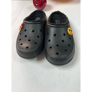 Crocs Womens Dual Comfort Mules Shoes Black Rubber Slip On Flat Faux Fur Lined 6